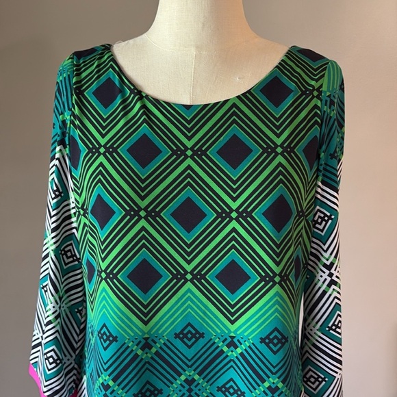 Eliza J geometric color block stretch shift dress 3/4 sleeve relaxed fit zip 10 - Picture 2 of 13